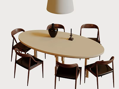 Elegant Round Dining Table Set With Six Dark Brown Leather Chairs And Pendant Lamp 3d model
