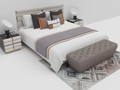 Modern Double Bed Setup With Decorative Pillows Nightstands Lamps Upholstered Bench And Area Rug 3d model