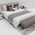 Modern Double Bed Setup With Decorative Pillows Nightstands Lamps Upholstered Bench And Area Rug