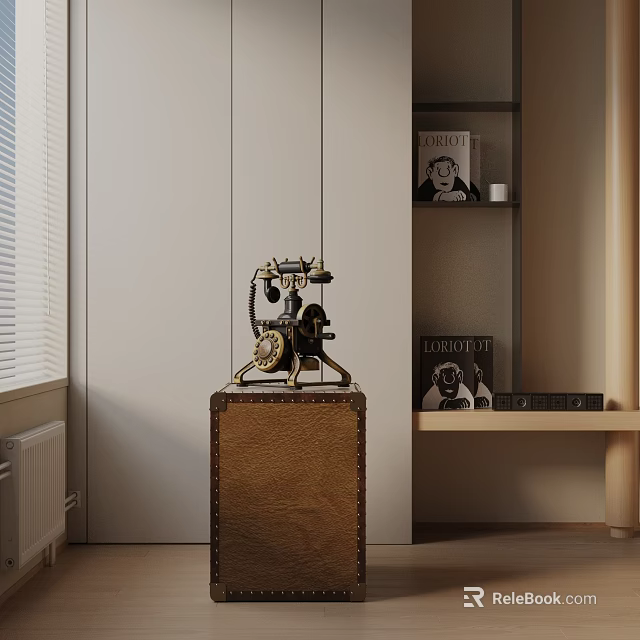 Modern Minimalist Brown Leather Side Table With Brass Vintage Telephone And White Cabinets Shelf 3d model 