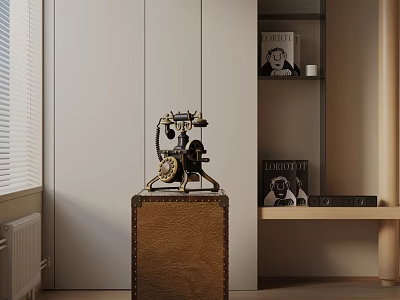 Modern Minimalist Brown Leather Side Table With Brass Vintage Telephone And White Cabinets Shelf 3d model