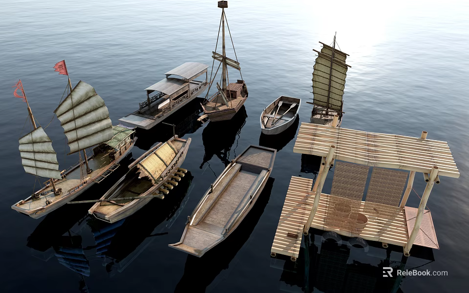 Various Types of Traditional Wooden Boats Moored Near Wooden Dock on Calm Water 3d model 