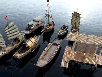 Various Types of Traditional Wooden Boats Moored Near Wooden Dock on Calm Water 3d model