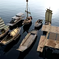 Various Types of Traditional Wooden Boats Moored Near Wooden Dock on Calm Water