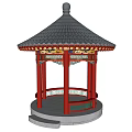 Traditional Chinese Pavilion With Red Pillars Gray Tiled Roof Round Top Decoration And Carved Details