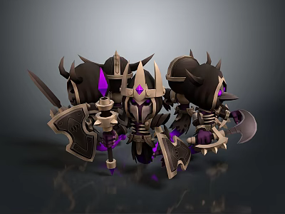 Group of Fantasy Armored Characters With Spiked Armor Purple Accents Swords And Axes 3d model