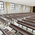 Spacious Conference Room With Rows of Chairs Front Desk and Windows