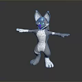 Cartoon 3D Character With Gray Body Blue Glowing Patterns Purple Nose Open Arms Standing