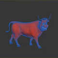Red Cartoon Cow With Horns Smiling On Gray Background With Reflection