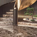 Modern Luxury Spiral Staircase With Marble Steps Golden Handrail And Wooden Wall Panels