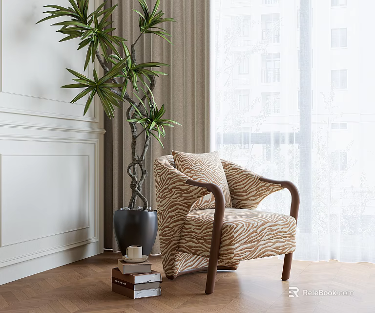 Chic Zebra Striped Upholstered Leisure Chair With Solid Wood Armrests For Cozy Bright Home Space 3d model 