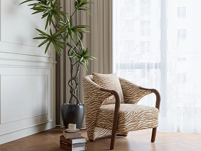 Chic Zebra Striped Upholstered Leisure Chair With Solid Wood Armrests For Cozy Bright Home Space 3d model