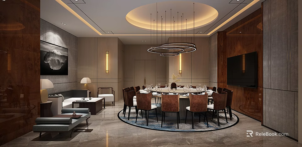 Elegant Private Dining Room With Round Table Chairs Chandeliers Sofa And Decorative Elements 3d model