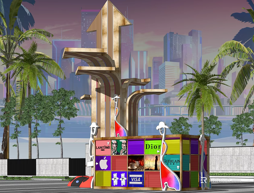 Spiritual Fortress Landmark With Tall Arrow Structure Colorful Cube Base Palm Trees And City Skyline 3d model 
