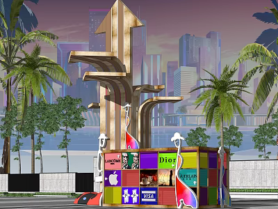 Spiritual Fortress Landmark With Tall Arrow Structure Colorful Cube Base Palm Trees And City Skyline 3d model