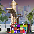 Spiritual Fortress Landmark With Tall Arrow Structure Colorful Cube Base Palm Trees And City Skyline