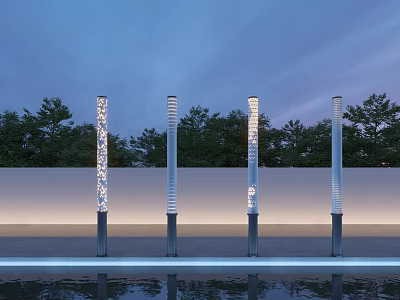 Decorative Outdoor Pillar Lights With Perforated Design In Garden By Water Reflection 3d model