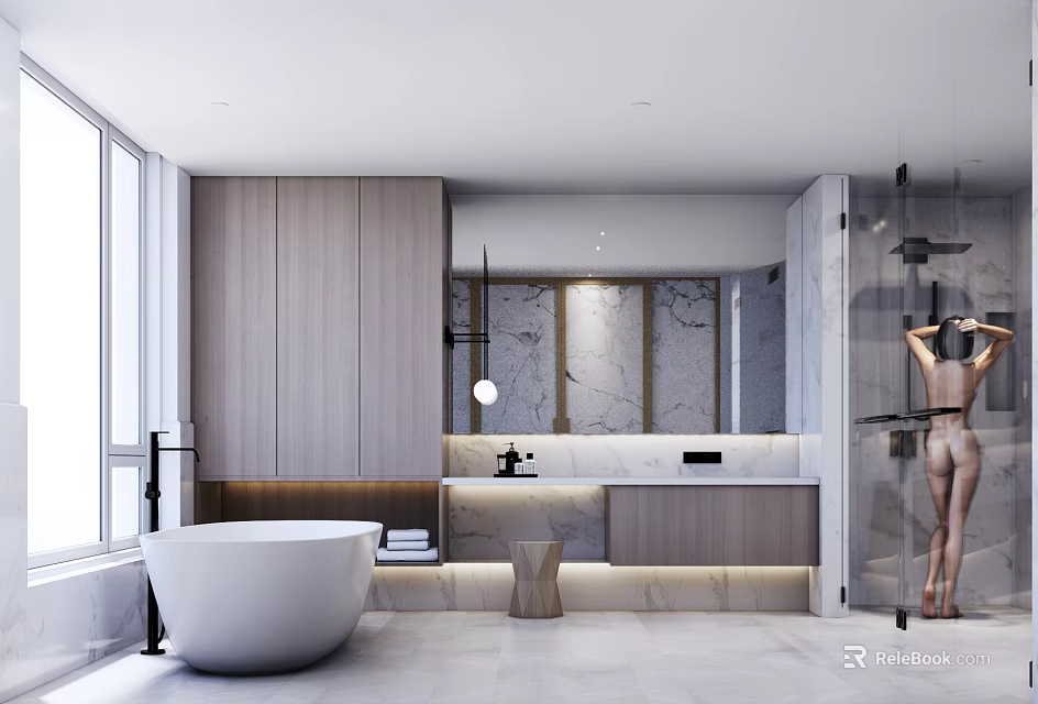 Modern Bathroom Interior Featuring White Bathtub Wooden Cabinets Marble Walls Large Windows And Shower Area 3d model 