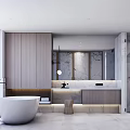 Modern Bathroom Interior Featuring White Bathtub Wooden Cabinets Marble Walls Large Windows And Shower Area
