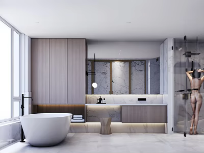 Modern Bathroom Interior Featuring White Bathtub Wooden Cabinets Marble Walls Large Windows And Shower Area 3d model
