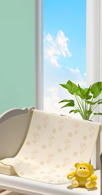 Comfortable Cushion With Seahorse Sun Patterns By Light Green Wall And Green Plant 3d model 