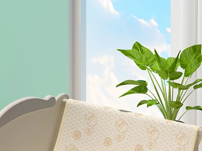 Comfortable Cushion With Seahorse Sun Patterns By Light Green Wall And Green Plant 3d model