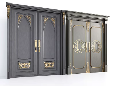 Double Doors With Dark Wooden Finish And Golden Ornate Accents Design 3d model