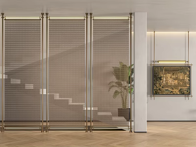 Modern Metal Frame Mesh Room Divider With Staircase Plant And Wall Art 3d model