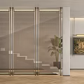 Modern Metal Frame Mesh Room Divider With Staircase Plant And Wall Art