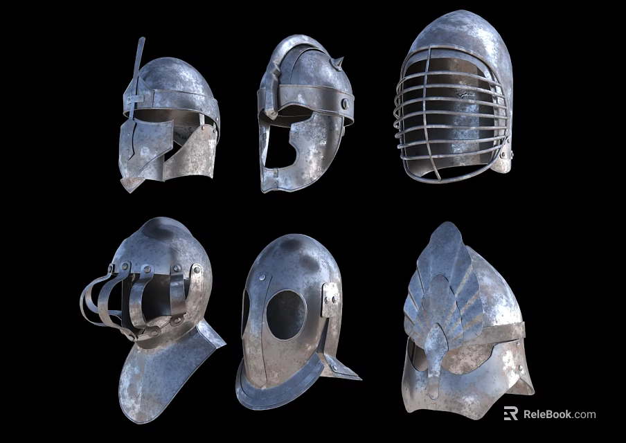 Medieval Metal Helmets With Diverse Historical Armor Designs And Metal Details 3d model 