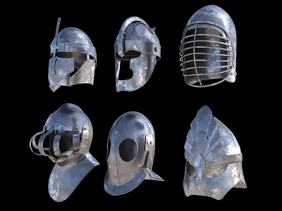 Medieval Metal Helmets With Diverse Historical Armor Designs And Metal Details 3d model