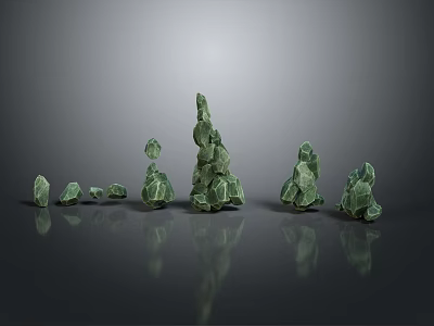 Green Stone Stacks With Various Heights Shapes On Smooth Black Surface And Reflections 3d model