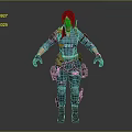 Game Movie Female Character Wearing Tactical Blue Top Green Vest Cargo Pants And Black Gloves