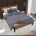 Wooden Double Bed With Gray Bedding Nightstand Table Lamp Rug And Black Chair Sea View