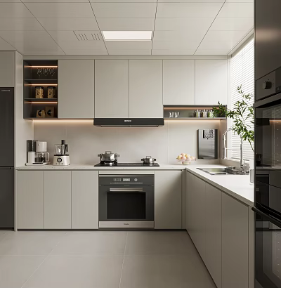 Modern Kitchen Interior With White Cabinets Island Counter And Stainless Steel Appliances 3d model