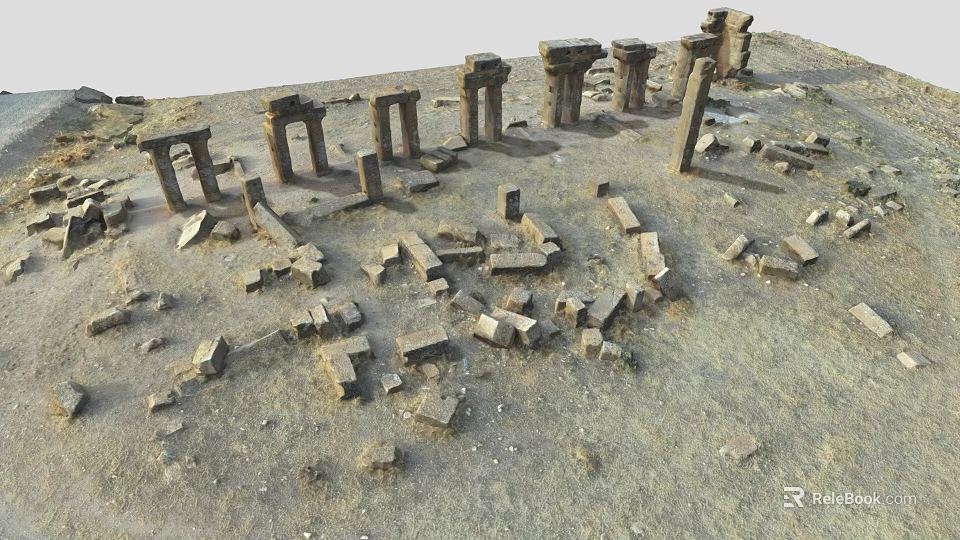 Ancient Ruins Site With Scattered Stone Pillars And Stone Blocks 3d model
