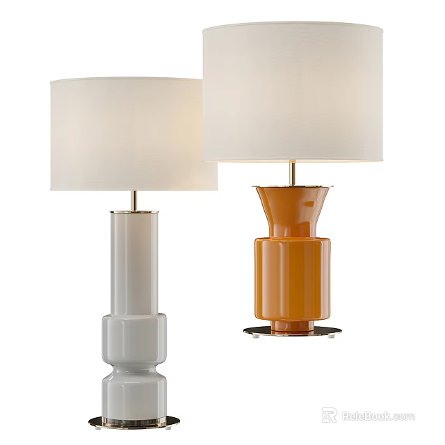 Modern White and Orange Ceramic Table Lamps with White Lampshades and Sleek Bases 3d model 