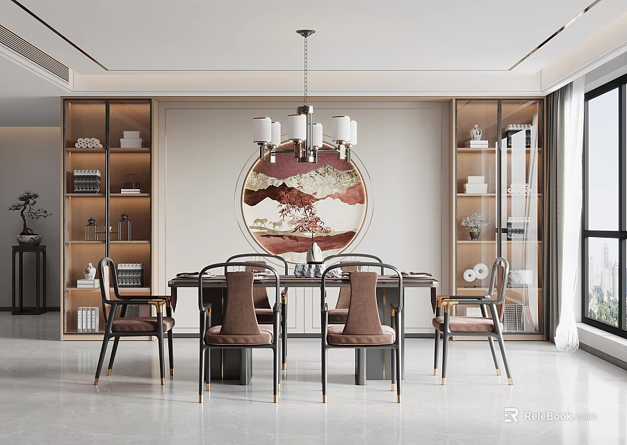 Modern Restaurant Interior With Round Decorative Painting Pendant Light Dining Table and Chairs Large Window 3d model 