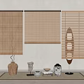 Bamboo Curtains Woven Grid and Venetian Styles with Decorative Items on White Wall