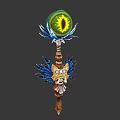 Mystical Staff Weapon With Green Orb Eye Design Blue Feathers And Gold Details