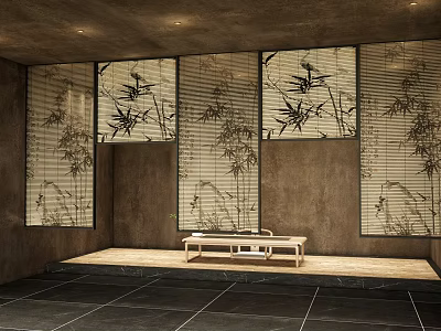 Serene Tea Room Interior Design With Bamboo Patterned Screens Wooden Bench And Stone Floor 3d model