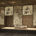 Serene Tea Room Interior Design With Bamboo Patterned Screens Wooden Bench And Stone Floor