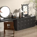 Black Dressing Table With Circular Drawer Details Round Mirror Table Lamp And Cosmetics 3d model