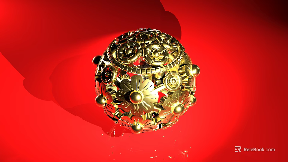 Exquisite Golden Spherical Jewelry With Intricate Carvings On Red Background 3d model 