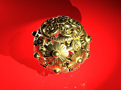 Exquisite Golden Spherical Jewelry With Intricate Carvings On Red Background 3d model