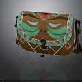 Brown Leather Crossbody Bag With Green Red Geometric Mask Design And Metal Buckle