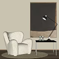 Modern Minimalist Beige Textured Single Sofa With Metal Frame Side Table And Abstract Wall Art