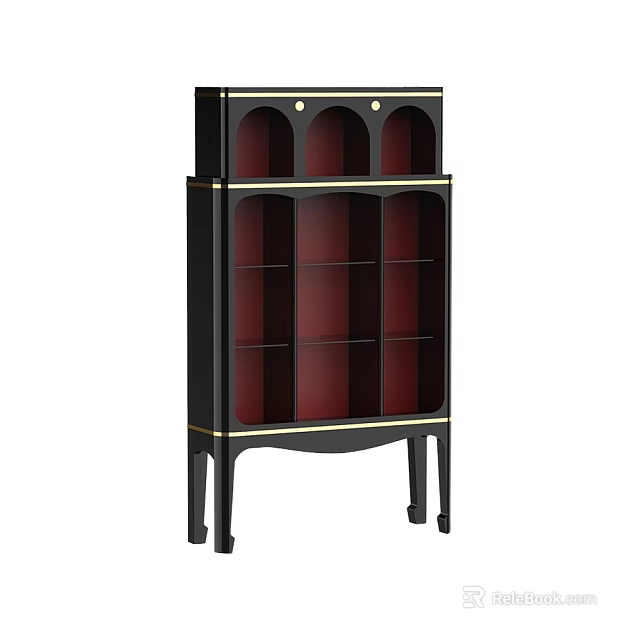 Elegant Black Entryway Side Console Cabinet with Gold Accent Storage Shelves and Slim Legs 3d model 