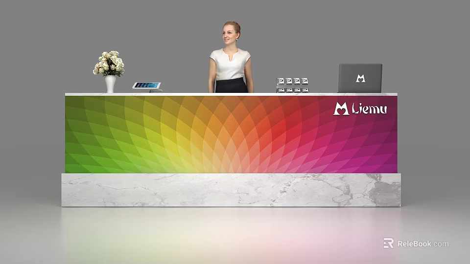 Modern Colorful Gradient Reception Desk With Marble Countertop Flower Vase Tablet Laptop And Logo 3d model 