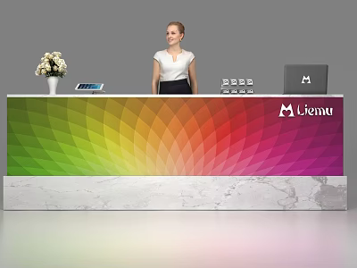 Modern Colorful Gradient Reception Desk With Marble Countertop Flower Vase Tablet Laptop And Logo 3d model